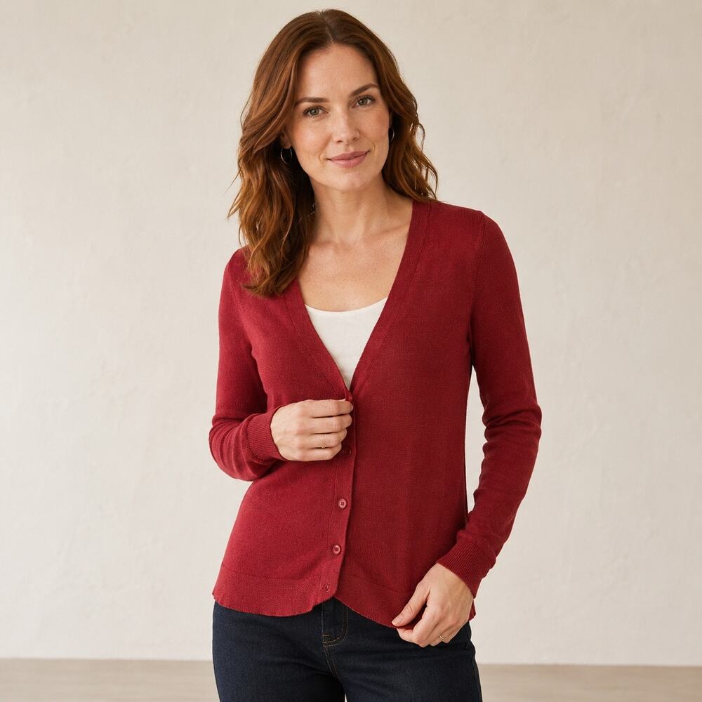 CAbi Catch Cardigan Burgundy Cotton Button Front Soft Preppy Sweater XS